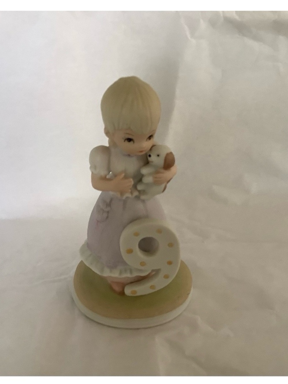 Lefton Pastel Lavender Girl Figurine Holding Puppy with Cream Number 9